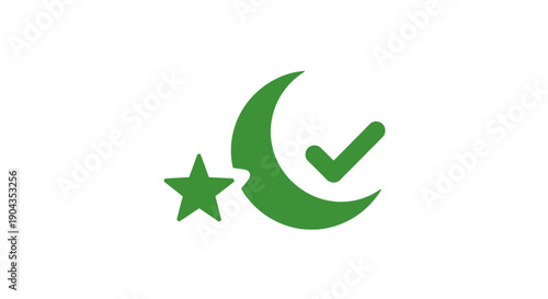 Green crescent moon with star and checkmark symbol on white background.