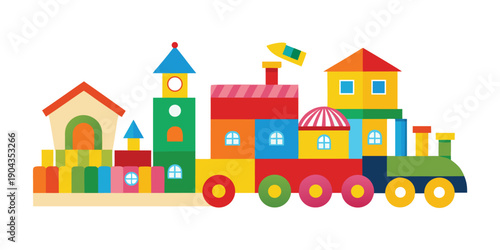 A charming and extensive cityscape created entirely from colorful building blocks, including a long toy train.
