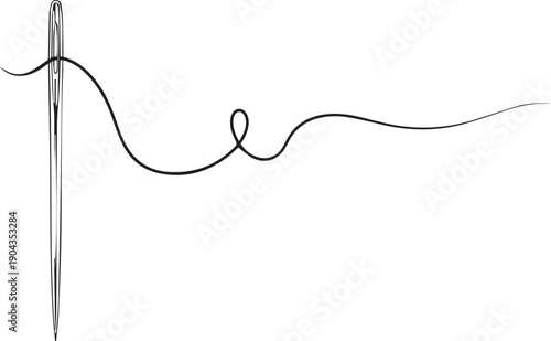 A single needle with a thread, isolated on a Transparent Background for sewing or crafting.