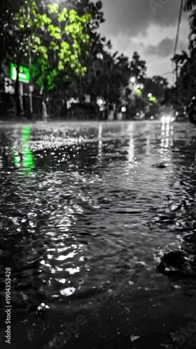 Raindrops Hit Flooded Street Water Ripples at Night