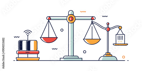 A modern illustration depicting scales of justice balancing traditional and technological elements, representing legal tech concepts.
