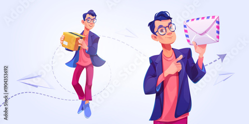 Man courier with box and letter