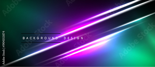 Abstract gradient background. Vibrant neon lines intersect dark space. Modern design elements create dynamic visual effect.