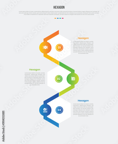 hexagon or hexagonal base shape infographics gradient template diagram with vertical list with outer circular line sticky side with 3 point step creative