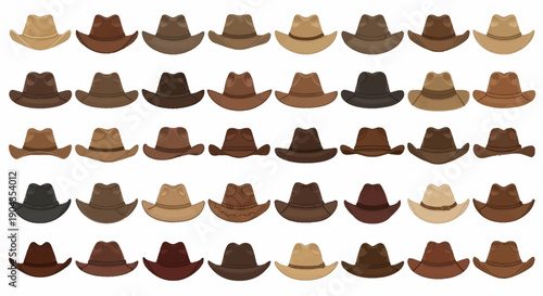 Collection of various cowboy hats in different shades and colors.