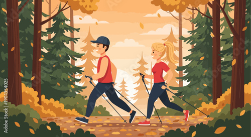 Couple Enjoying Nordic Walking in Autumn Forest.