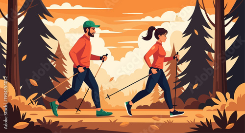 Couple jogging together in a forest with trekking poles.