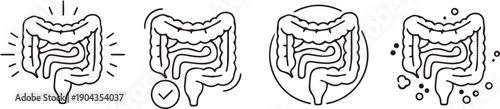 Four illustrations of human intestines with different expressions of pain, health, and digestion.