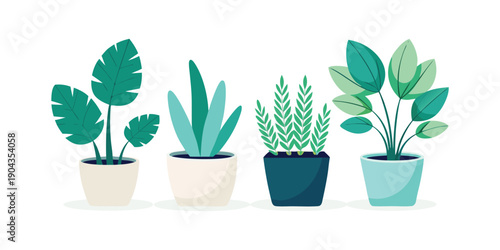 A serene collection of four stylized indoor potted plants with broad green leaves, presented in cool-toned containers.

