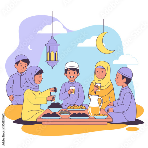 Muslim family breaking fast during Ramadan.