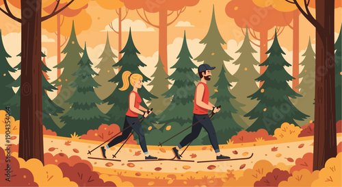 Couple enjoying cross-country skiing in autumn forest.