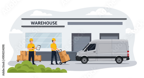 Warehouse workers unloading packages from a delivery van.