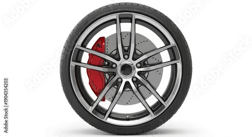 High-performance car wheel with red brake caliper.