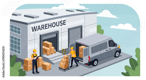 Warehouse workers loading cardboard boxes into a delivery van.