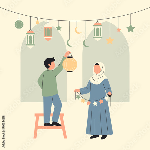 People celebrating Ramadan with decorations.