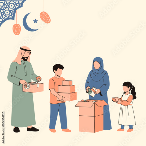 Family packing food boxes for charity.