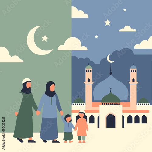 Family walking towards a mosque at night.