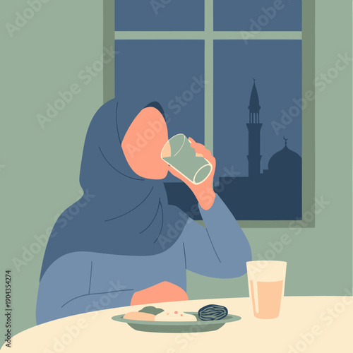 Woman wearing hijab drinking coffee at dawn.