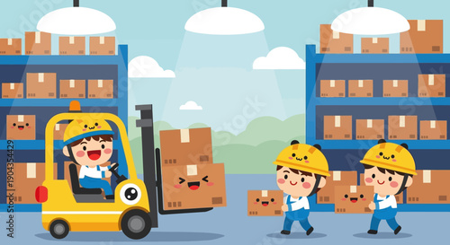 Warehouse workers operating forklift and handling cardboard boxes.