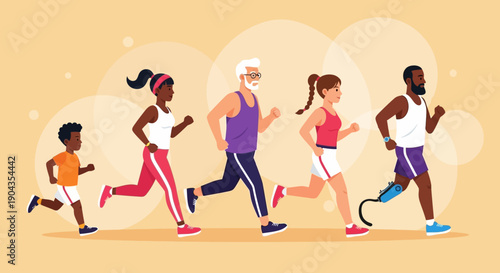 Diverse group of people running together outdoors.