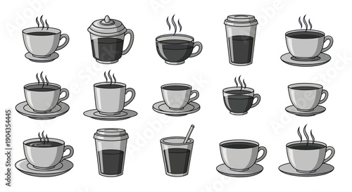 Coffee Cups Collection: Various Styles, Hot Beverages, and Takeaway Drinks