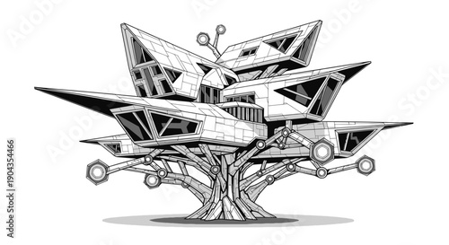 Futuristic Treehouse Architecture: Geometric Eco-Home on Organic Base