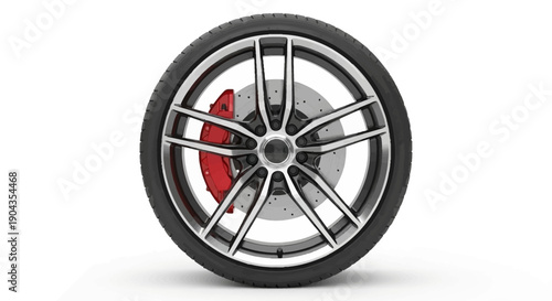 High-performance alloy car wheel with red brake disc.