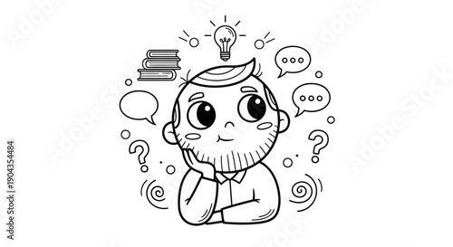 Man thinking, brainstorming, idea lightbulb, books, speech bubbles, questions