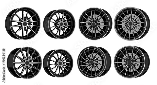 Collection of various black alloy car wheels on white background.