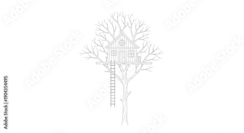 Minimalist Treehouse Drawing with Ladder and Bare Branches