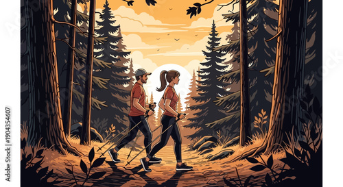 Couple walking together in a serene forest at sunset.