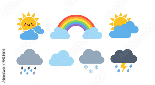 Set of cartoon weather icons including sun, clouds, rain, rainbow, and thunderstorm.