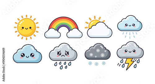 Collection of Cartoon Weather Icons with Various Expressions.