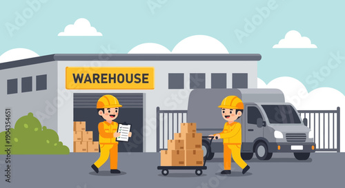 Warehouse workers unloading packages from a delivery truck.