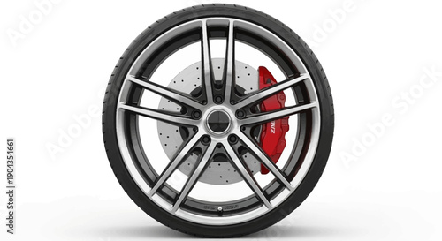 High-performance car wheel with red brake caliper.