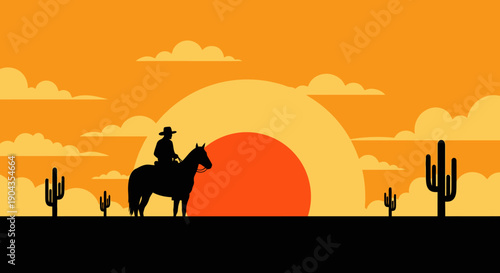 Lone cowboy riding horse in desert landscape at sunset.