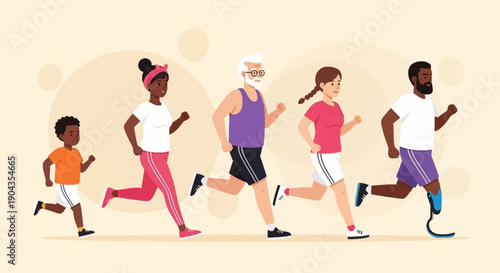 Diverse group of people running together in sportswear.