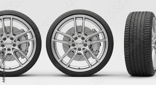 Three car tires with silver rims displayed from different angles.