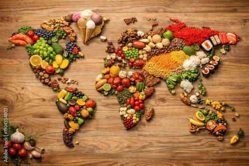 Word Map made of raw fresh colorful healthy local food - fruits, vegetables, seafood, nuts, grains and some ice cream in Greenland. Top down view on a wooden dining table.