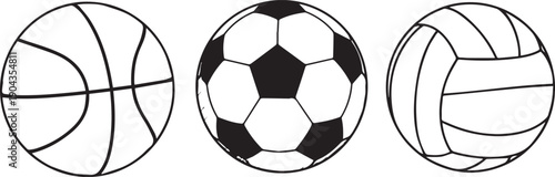 Black and white illustration of basketball, soccer ball, and volleyball on Transparent Background, sports equipment concept.