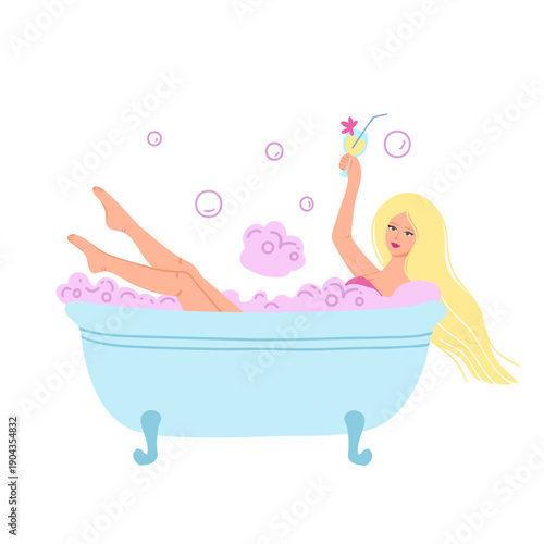 Woman with foam in the bath, drink cocktail. Vector Illustration for printing, backgrounds, covers and packaging. Image can be used for card, poster, sticker and textile. Isolated on white background.