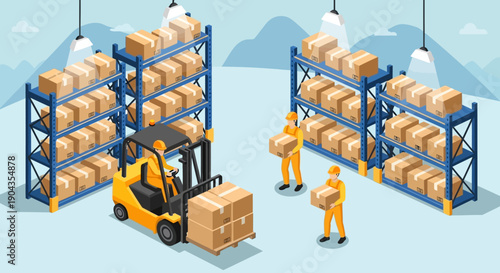 Warehouse workers loading and unloading boxes from shelves using forklift.