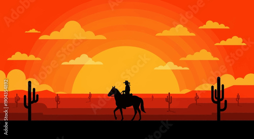 Lone cowboy riding horse through desert landscape at sunset.
