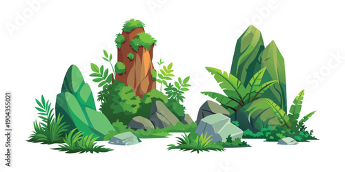 Lush green tropical foliage and various rocks create a vibrant natural landscape illustration.
