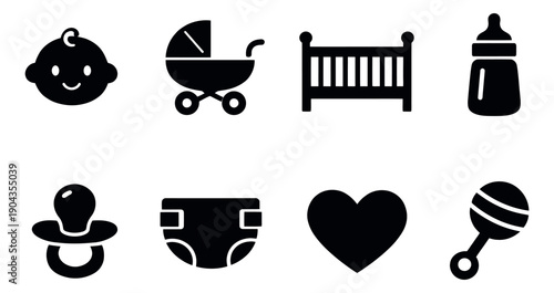 Solid black baby icons set featuring essential infant care items for newborn announcements and parenting concepts