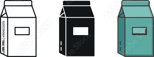Colorful illustrations of milk carton packaging in white, black, and green on a Transparent Background for food and drink branding