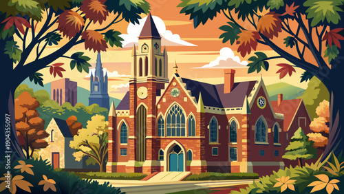 Very beautiful view of Battell Chapel at Yale University’s Old Campus, framed by historic buildings that reflect academic tradition, architectural harmony, and Ivy League heritage in New Haven.