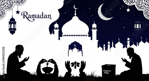 People praying together under night sky with mosque silhouettes during Ramadan celebration