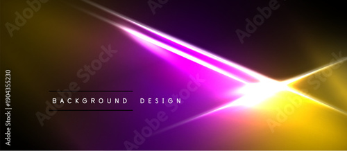 Abstract background features vibrant neon gradients. Diagonal light streaks create dynamic visual effect. Dark space surrounds bright central glow.