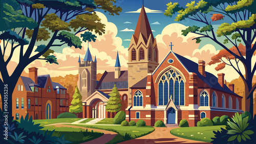 Very beautiful view of Battell Chapel at Yale University’s Old Campus, framed by historic buildings that reflect academic tradition, architectural harmony, and Ivy League heritage in New Haven.